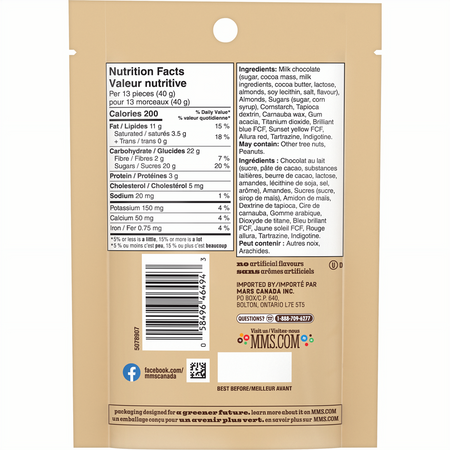 M&M's Almond Milk Chocolate Candies, Sharing - Size, 155g/5.5 oz., Bag, back of bag.