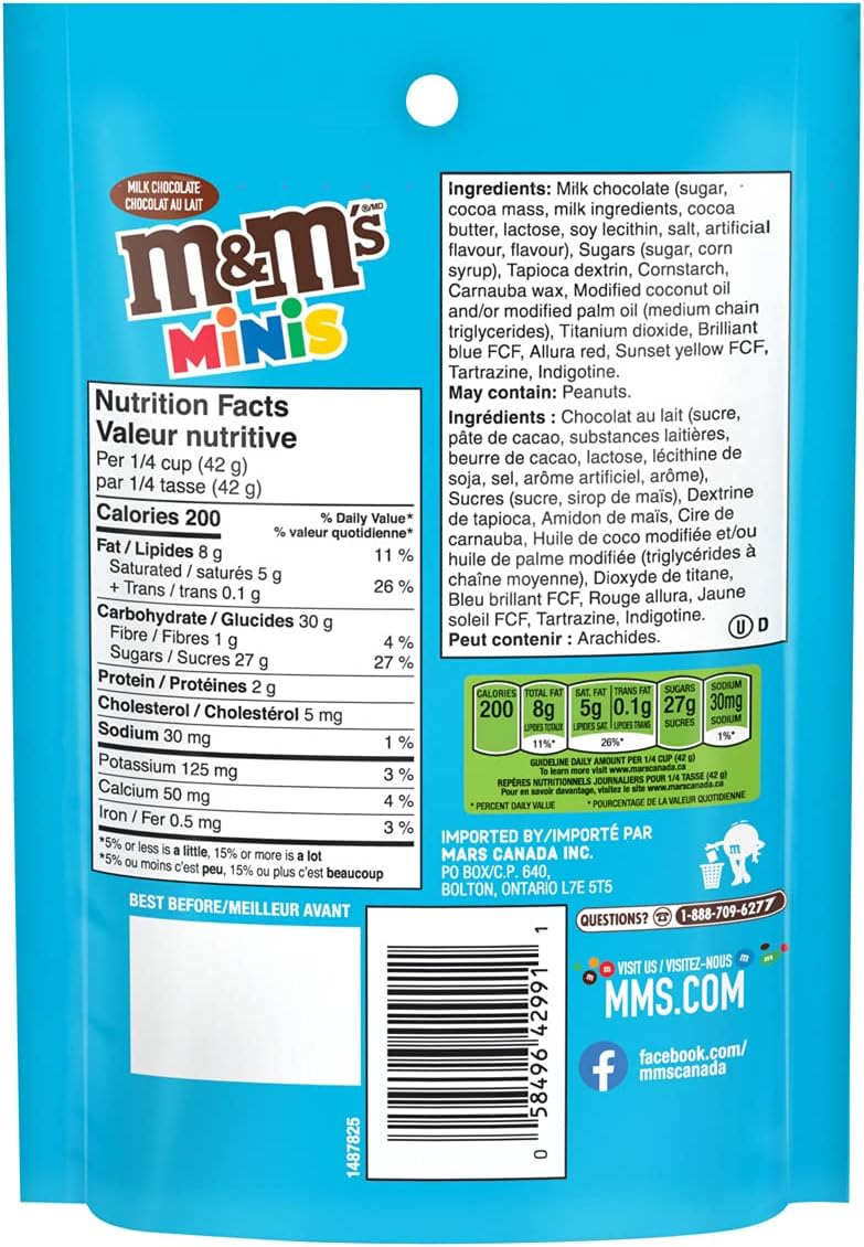 M&Ms Minis Milk Chocolate Candies, Sharing Bag, 200g/7 oz. Bag Back Side