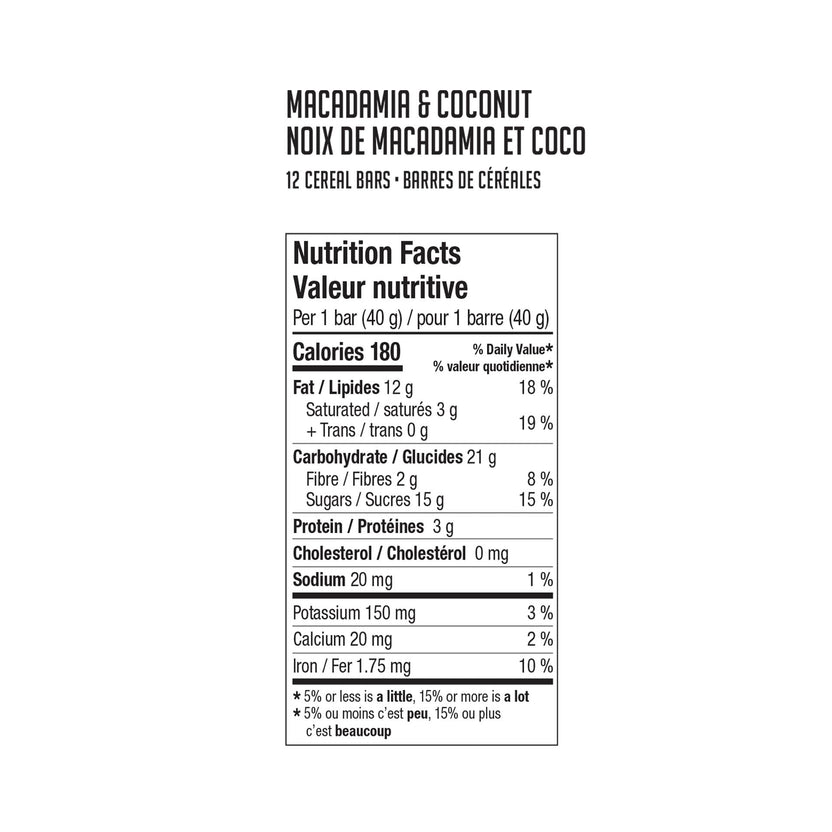 VEL All Natural, Vegan Macadamia & Coconut Bars, 5 x 40g, 200g, nutrition facts label.