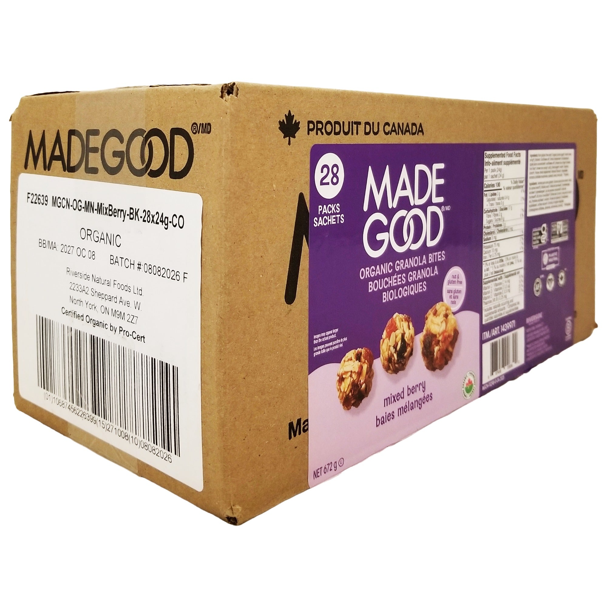 Angled view of the MadeGood Mixed Berry Granola Bites 28-pack box showing the front and side labels.