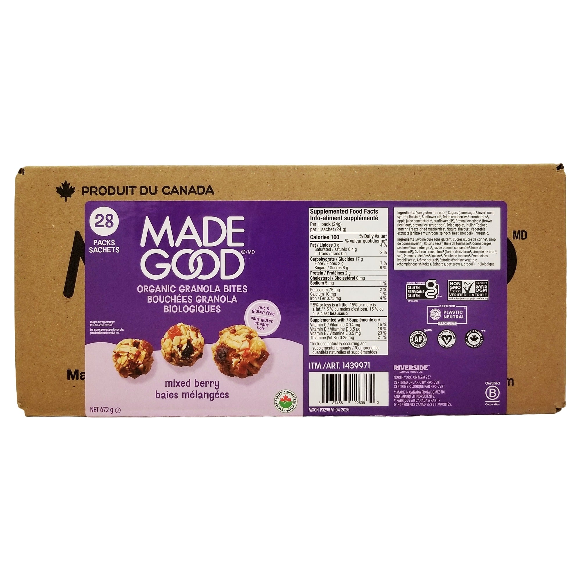 MadeGood Organic Mixed Berry Granola Bites box, 28 packs totaling 672 g, with Product of Canada labeling.