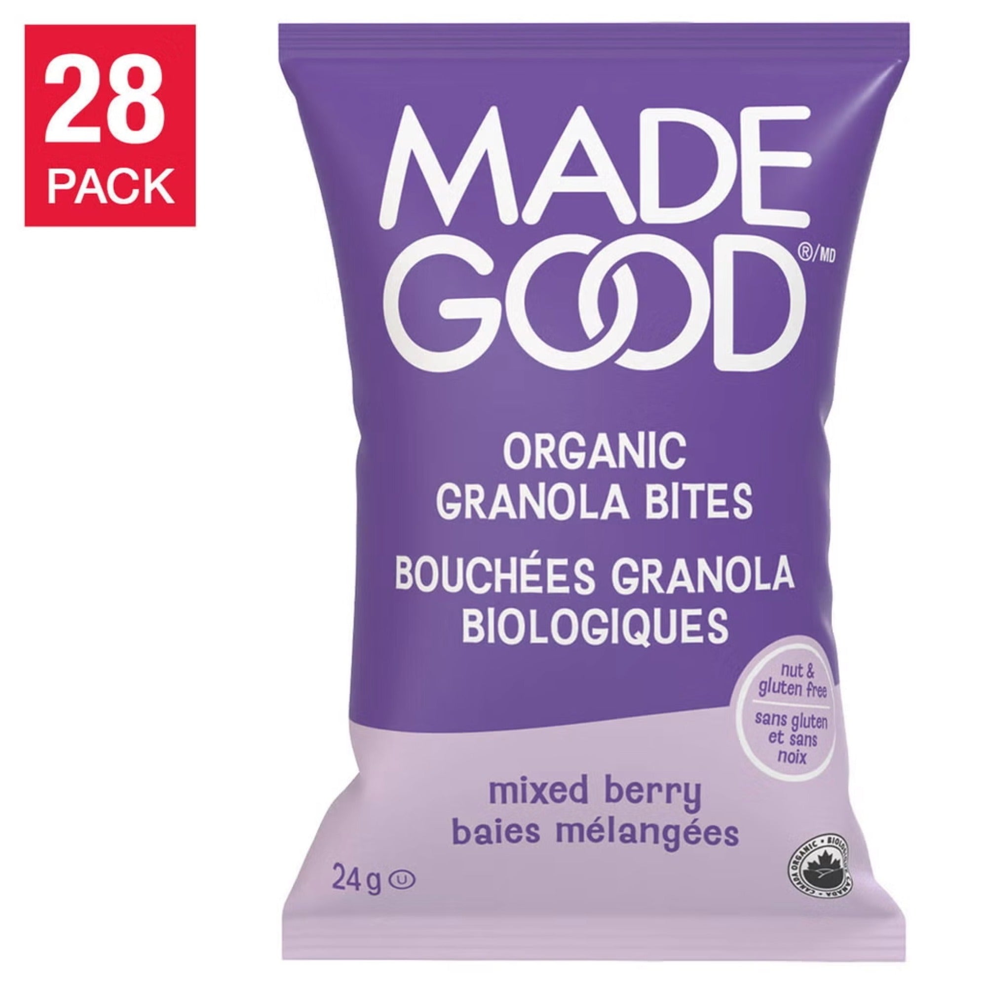MadeGood Organic Mixed Berry Granola Bites 24 g pouch with nut-free and gluten-free labeling and a 28-pack callout.