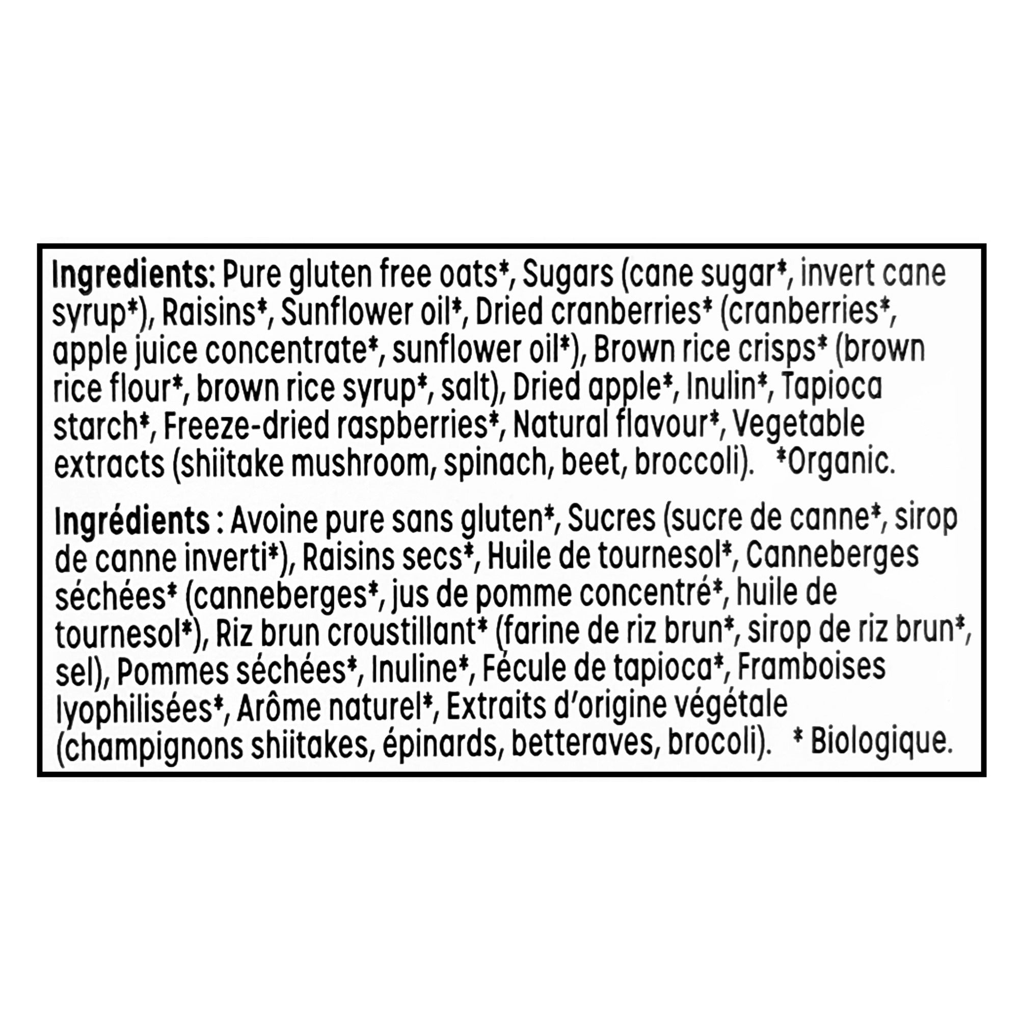 MadeGood Mixed Berry Granola Bites bilingual ingredients label listing gluten-free oats, raisins, cranberries, apples, and raspberries.