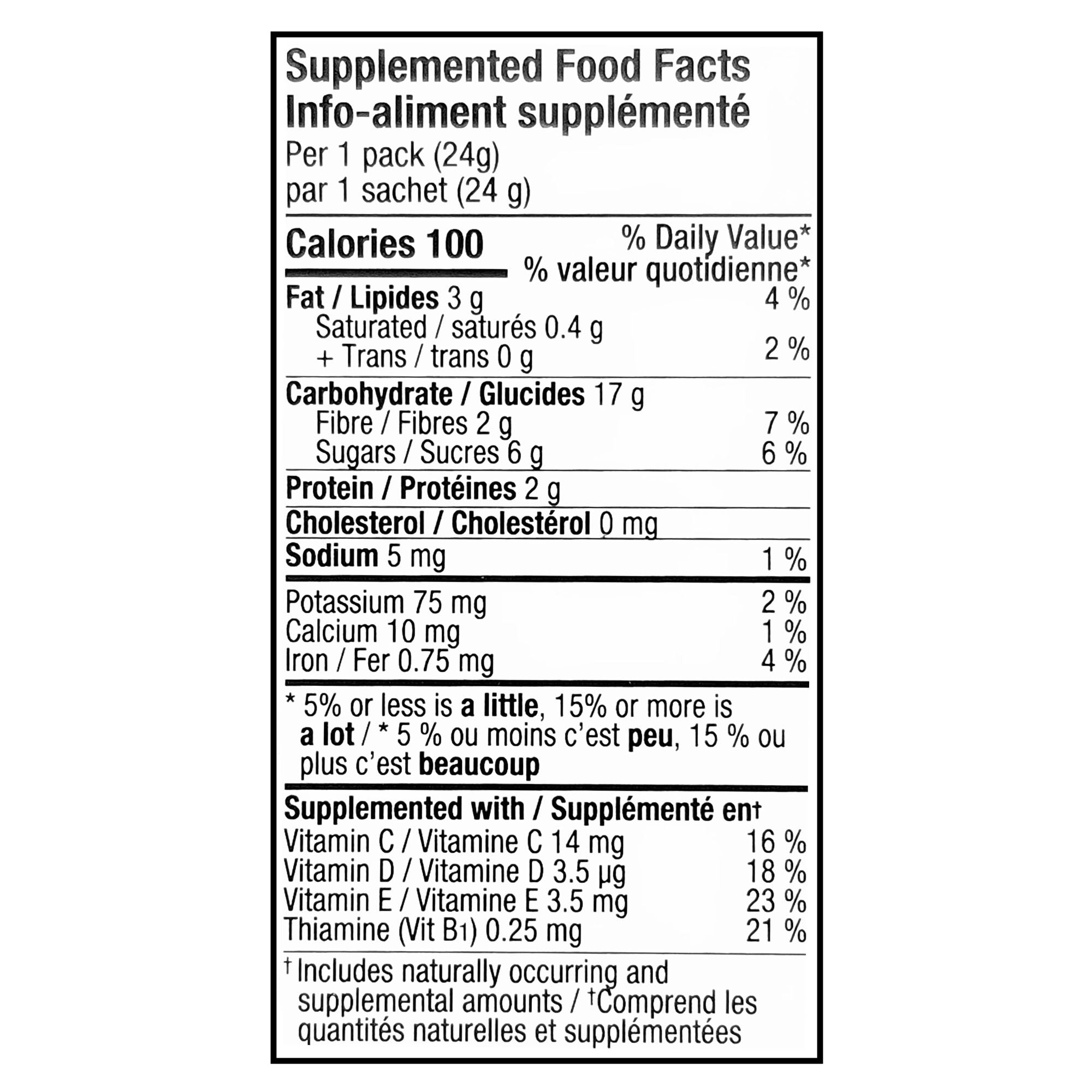 MadeGood Mixed Berry Granola Bites supplemented food facts showing 100 calories per 24 g pack.