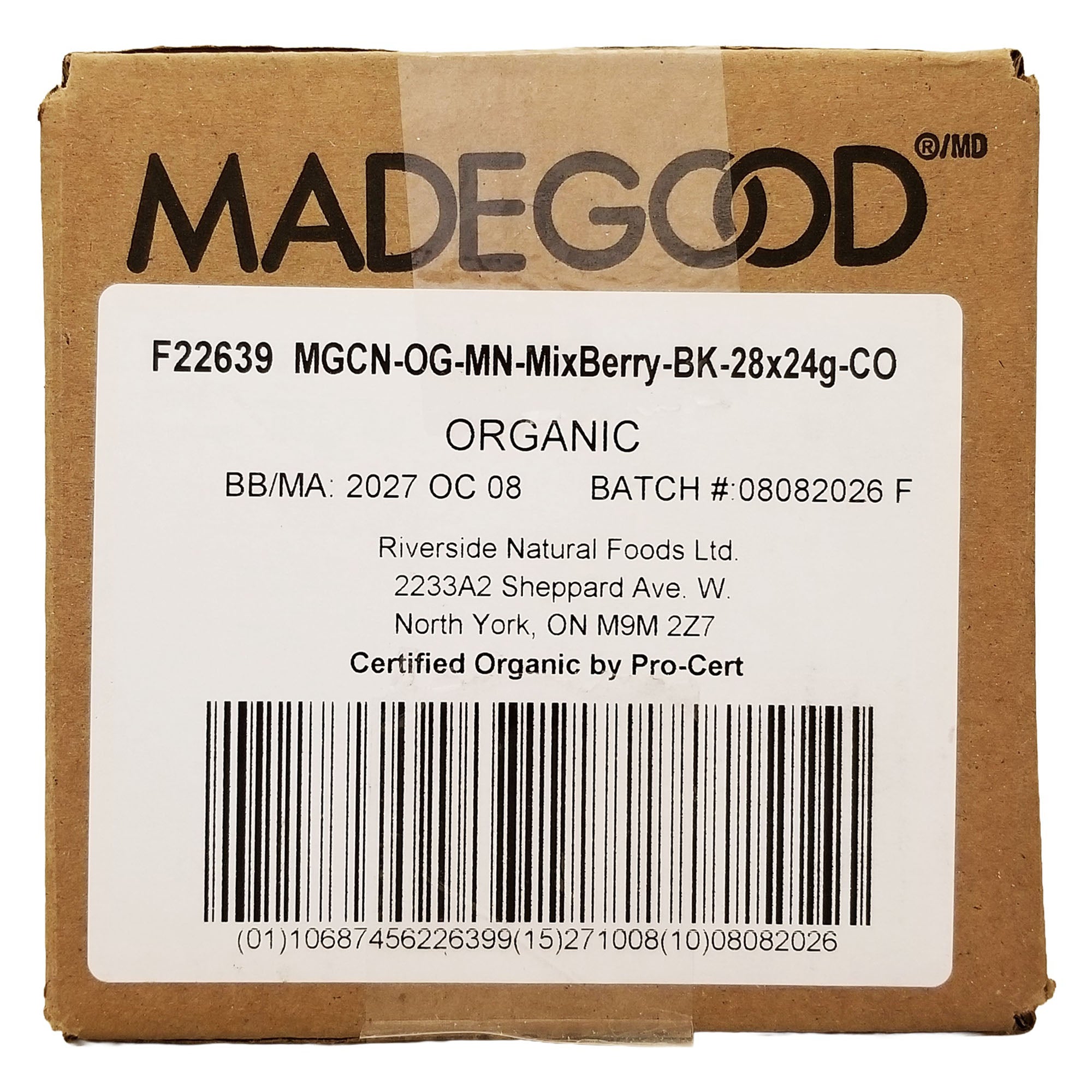 Side of the MadeGood Mixed Berry Granola Bites box showing the 28 × 24 g format, organic certification, batch details, and barcode.
