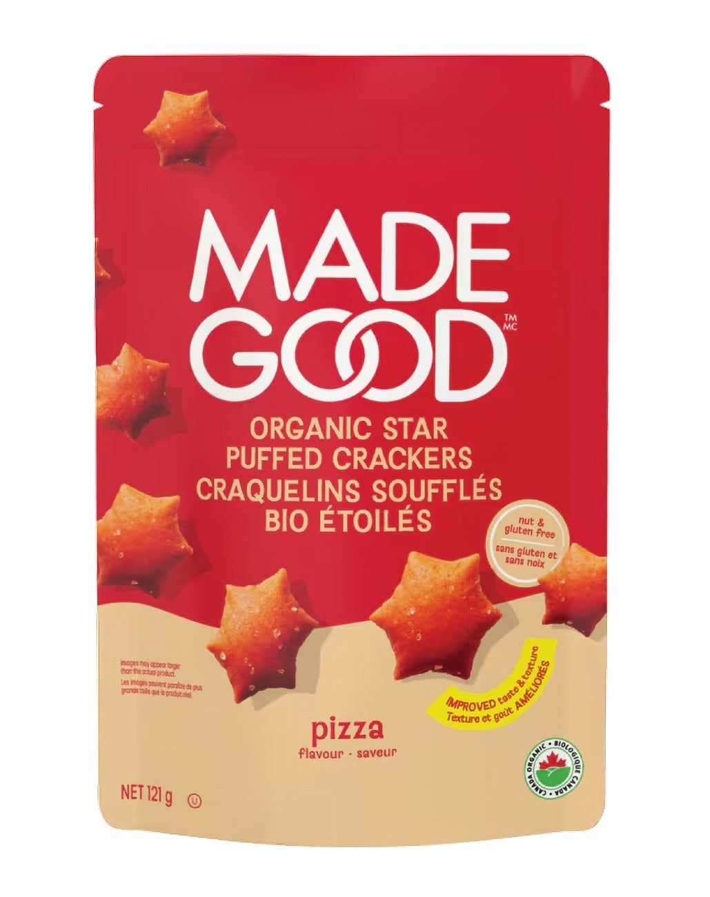 Red package of Made Good organic star puffed crackers with pizza flavor on a white background