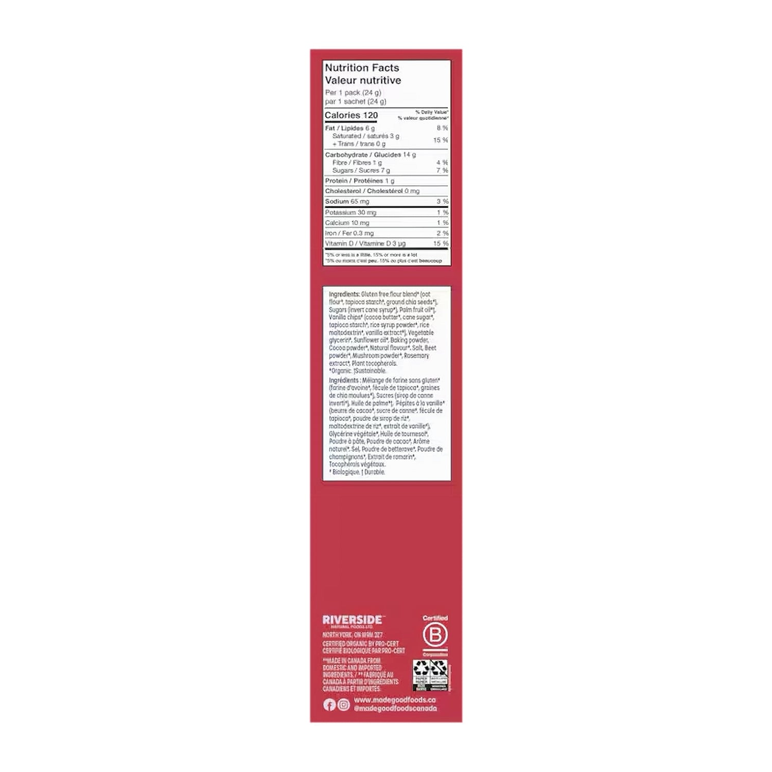 Nutrition facts and ingredients label for a Made Good Red Velvet Organic Soft Baked Cookie Bites 120g package on a red background with branding.