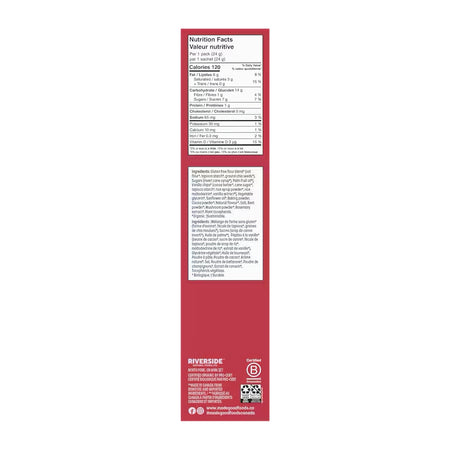 Nutrition facts and ingredients label for a Made Good Red Velvet Organic Soft Baked Cookie Bites 120g package on a red background with branding.