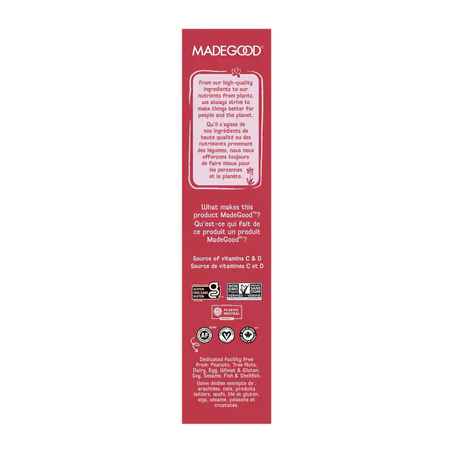 Side of a Made Good Red Velvet Organic Soft Baked Cookie Bites 120g package with text and logos on a white background