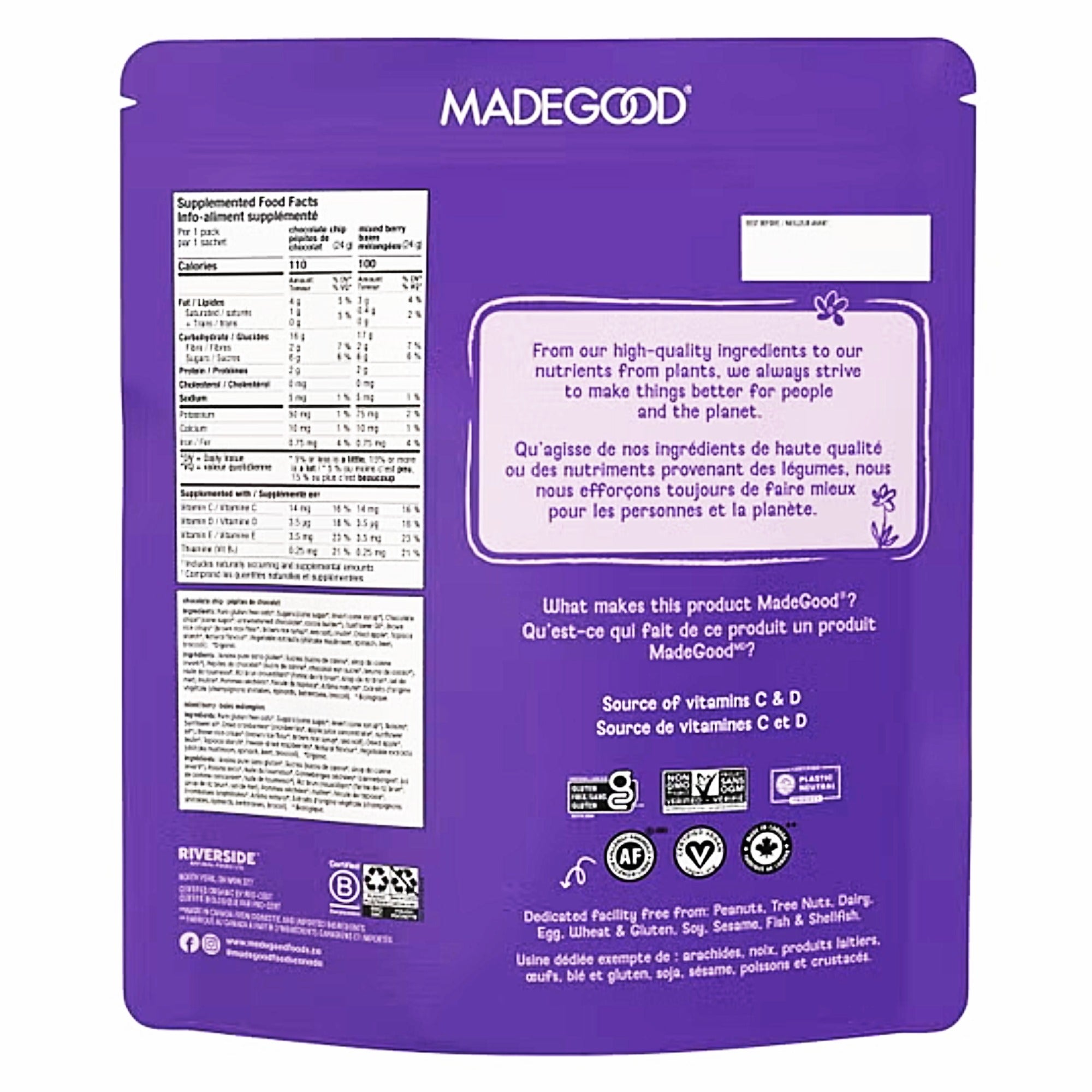 Back of MadeGood Organic Granola Bites variety pack showing nutrition, ingredients, certifications, and allergen information.