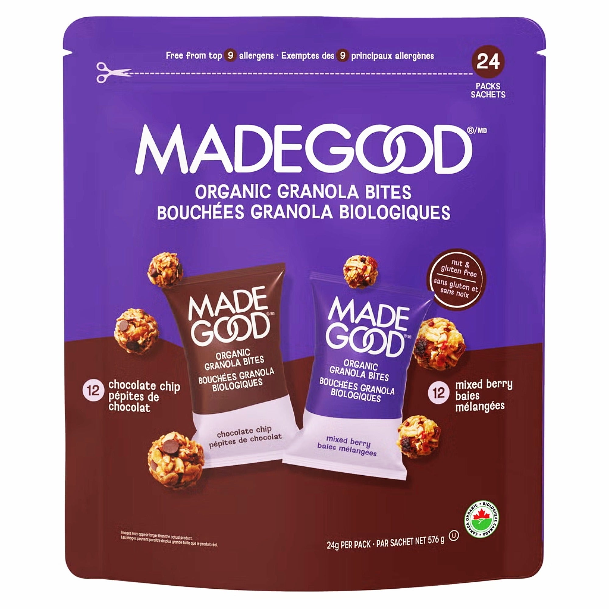 MadeGood Organic Granola Bites variety pack with 12 Chocolate Chip and 12 Mixed Berry pouches, 576 g / 20.3 oz.