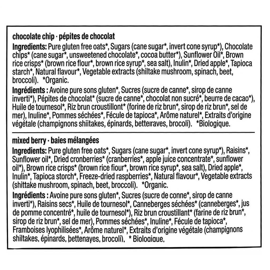 English and French ingredient lists for MadeGood Organic Chocolate Chip and Mixed Berry Granola Bites.