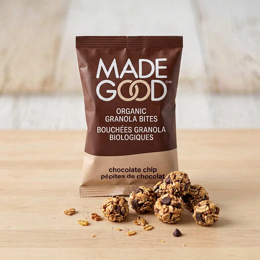 MadeGood Organic Chocolate Chip Granola Bites pouch with oat and chocolate chip bites on a wooden surface.