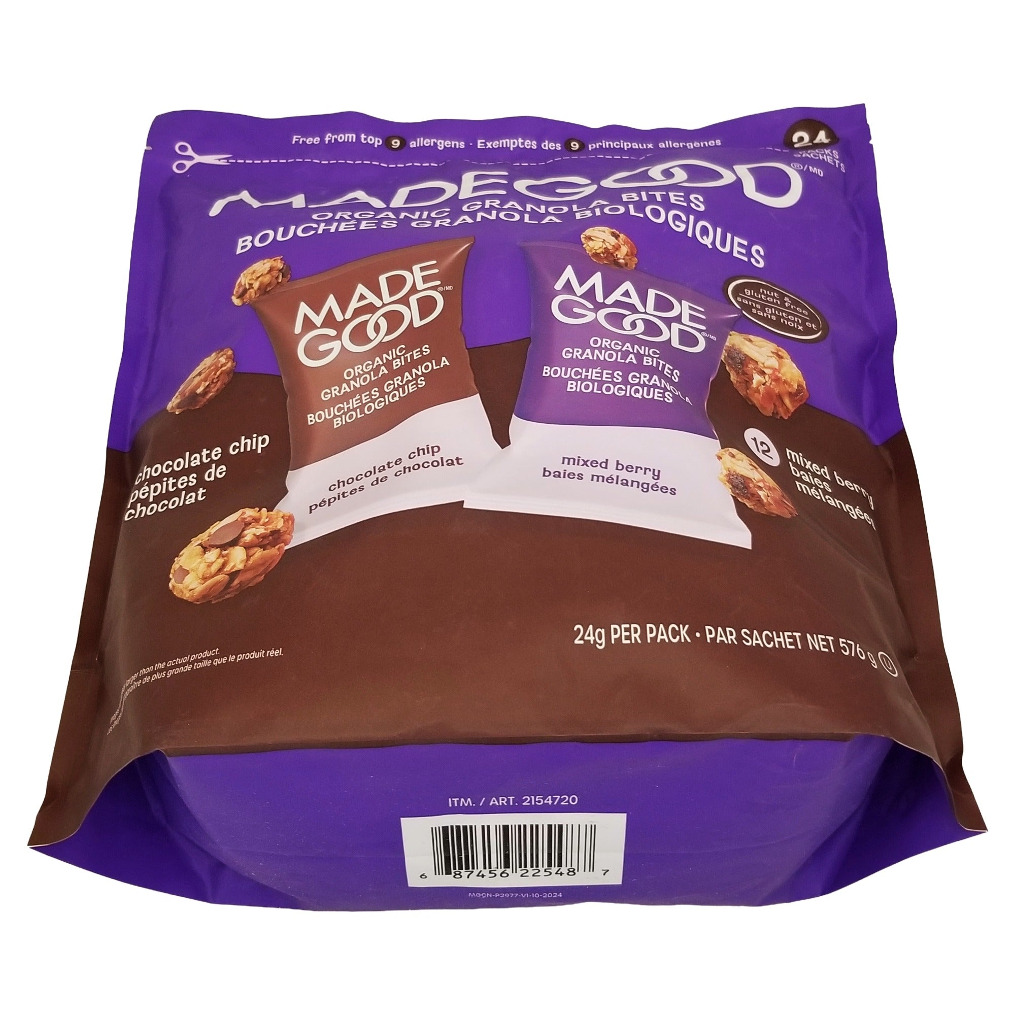 Angled MadeGood Organic Chocolate Chip and Mixed Berry Granola Bites variety pack showing UPC 687456225487 on the bottom panel.
