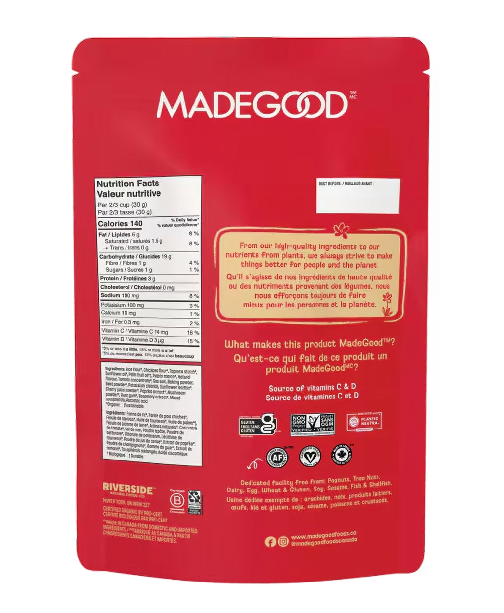 Red packaging of MadeGood with nutritional information and branding details.