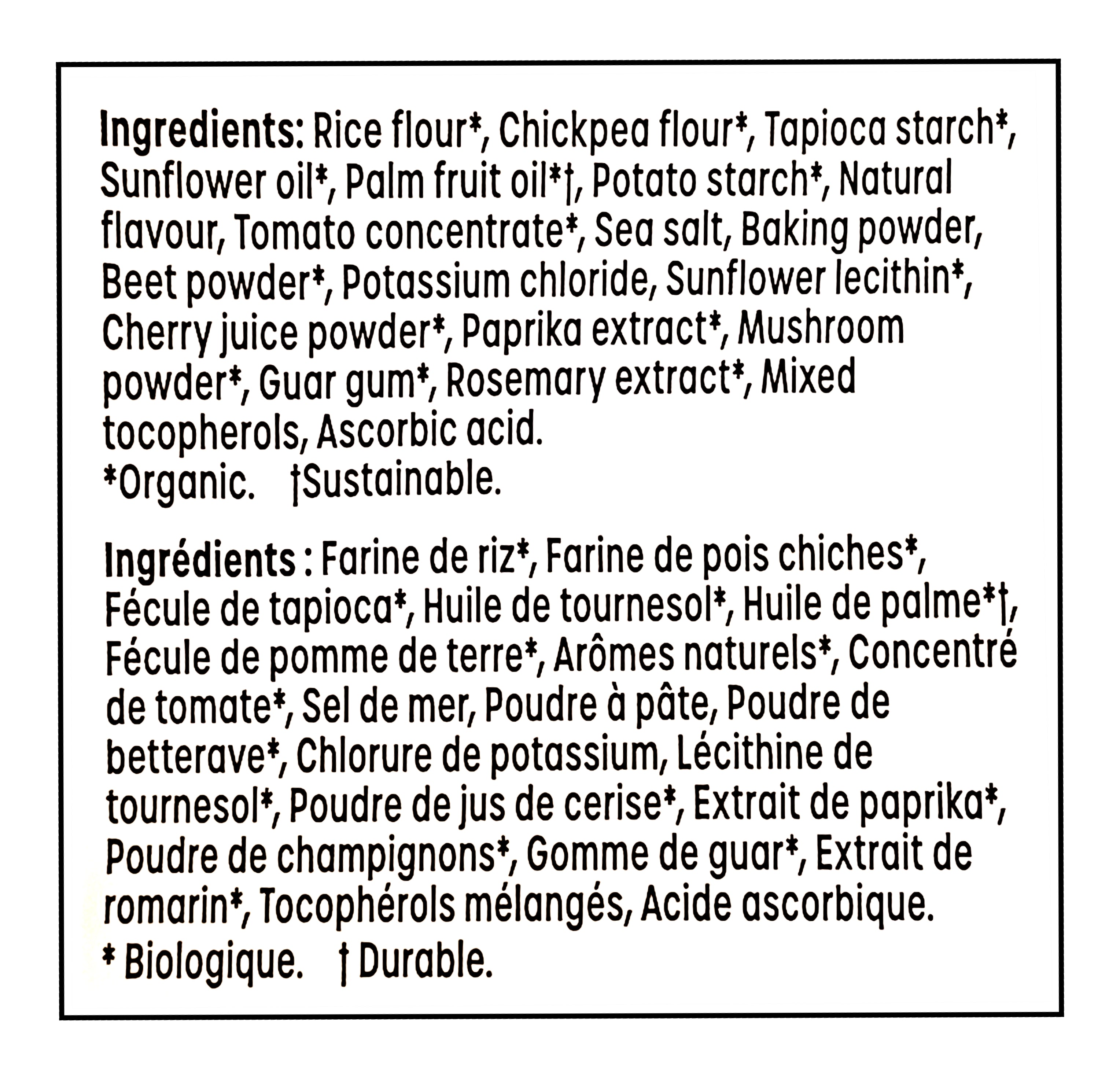 List of ingredients with labels for Made Good Organic Star Puffed Crackers Pizza - 121g/4.2 oz.