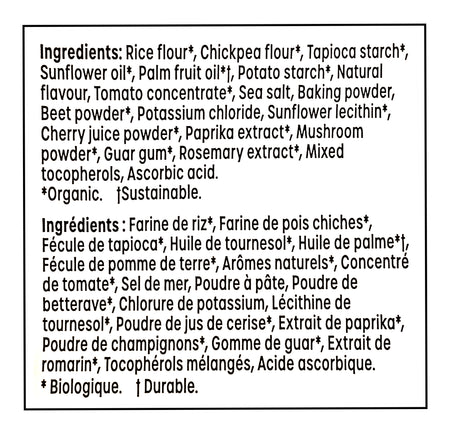 List of ingredients with labels for Made Good Organic Star Puffed Crackers Pizza - 121g/4.2 oz.