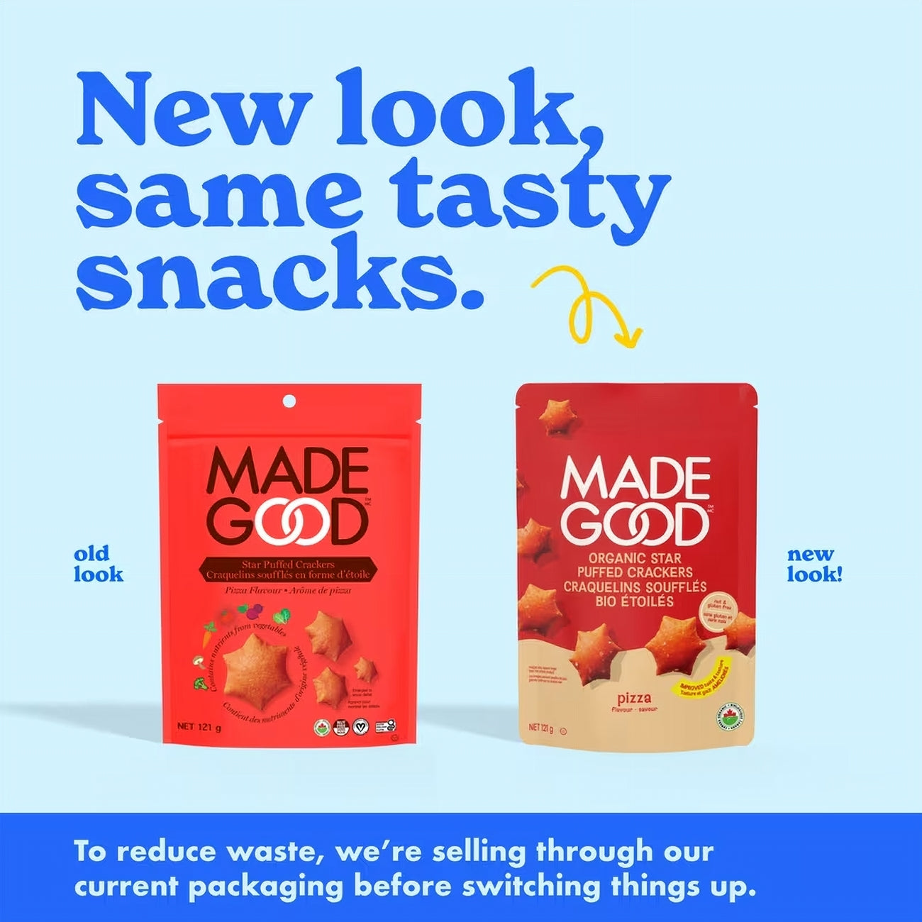 Two 'Made Good' snack packages, one labeled 'old look' and the other 'new look', on a light blue background with promotional text.