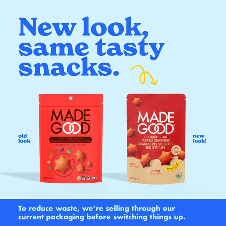 Two 'Made Good' snack packages, one labeled 'old look' and the other 'new look', on a light blue background with promotional text.