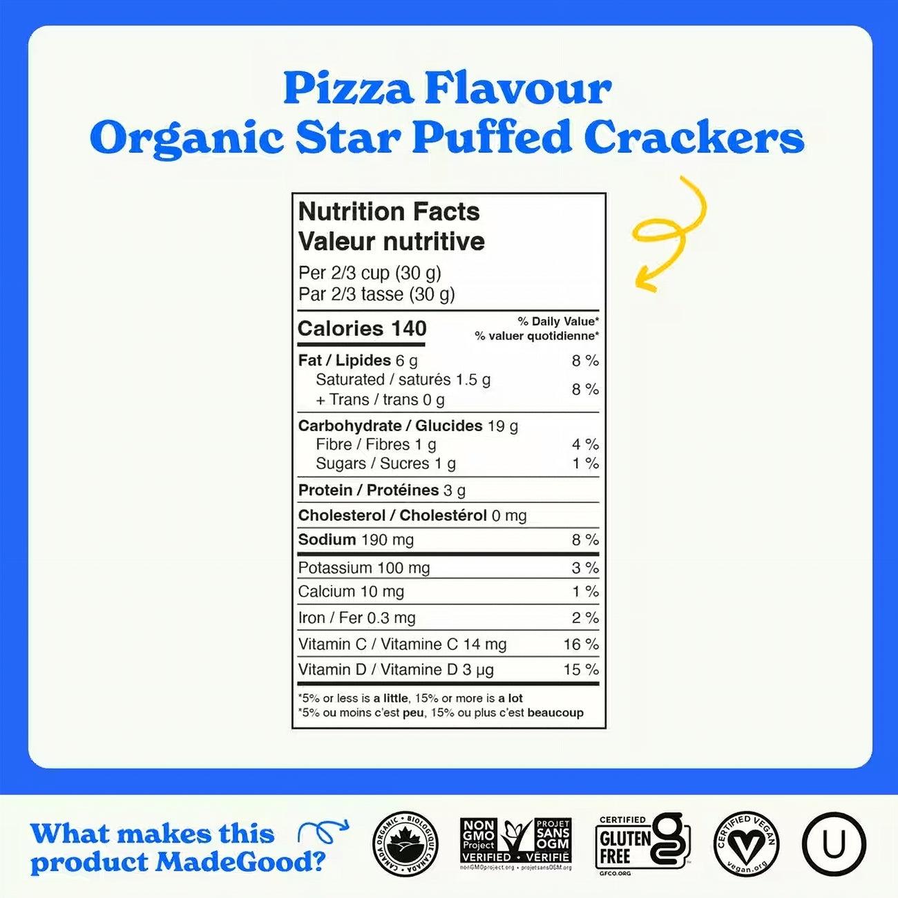 Nutrition facts label for Pizza Flavour Organic Star Puffed Crackers with certification logos at the bottom.