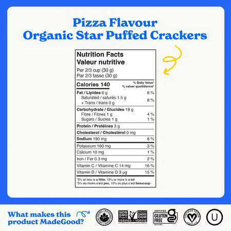 Nutrition facts label for Pizza Flavour Organic Star Puffed Crackers with certification logos at the bottom.