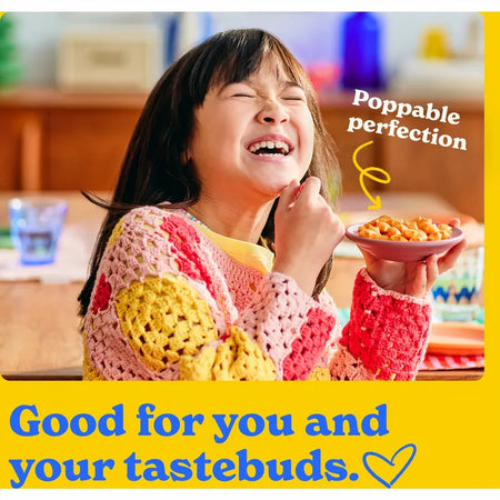 Child eating cereal with a bowl labeled 'Poppable perfection' and promotional text on a yellow border.