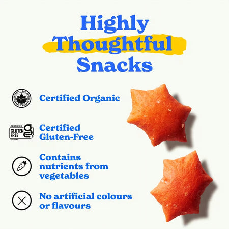 Star-shaped snacks with certification logos and text on a white background