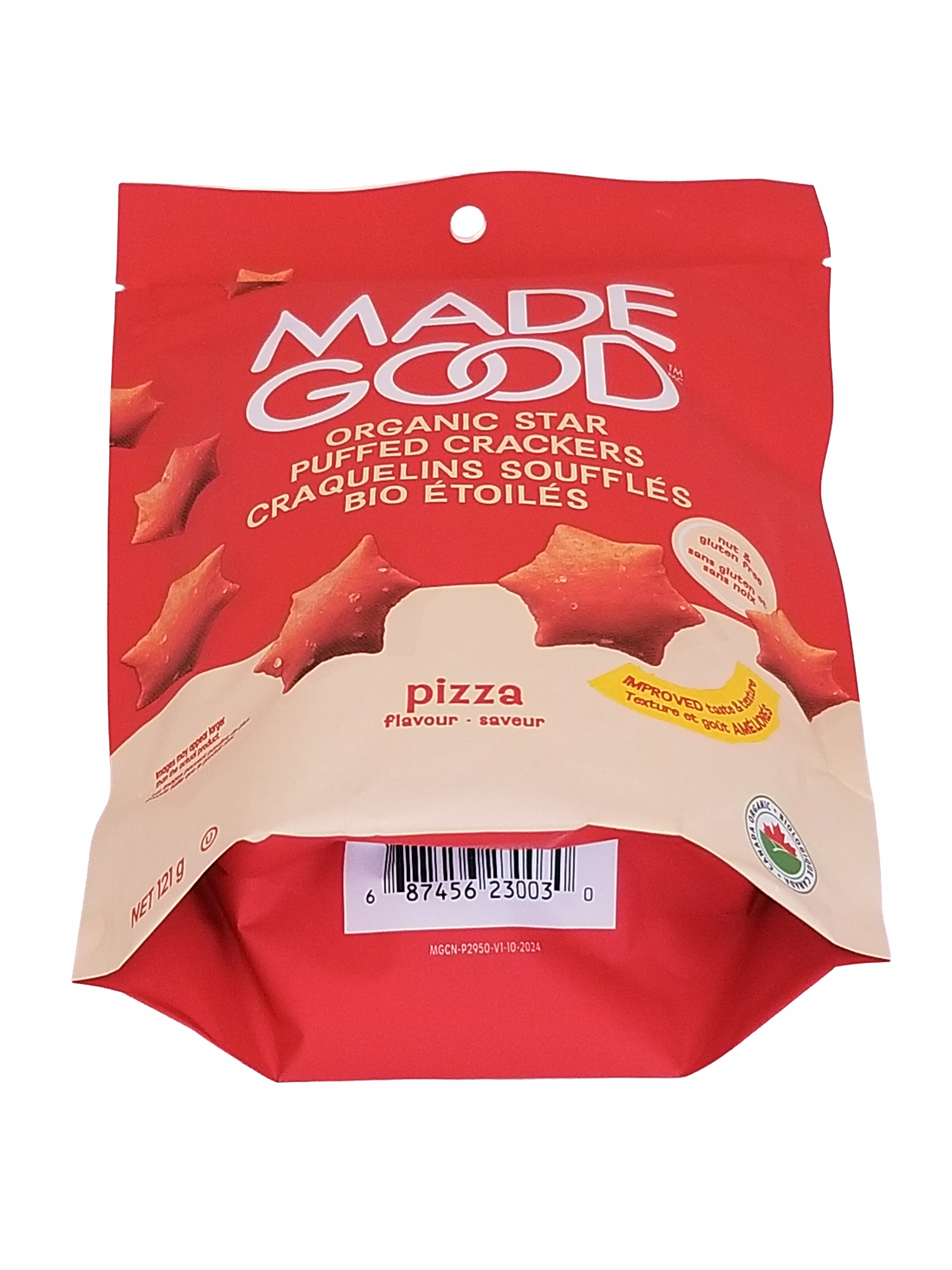 Red packaging of Made Good organic star puffed crackers with pizza flavor on a white background