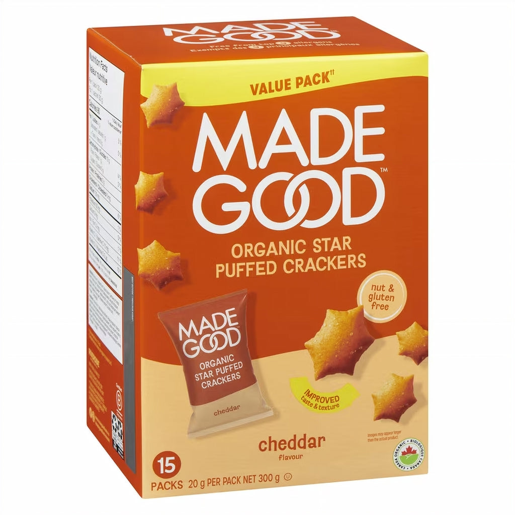Box of Made Good organic star puffed crackers on a white background