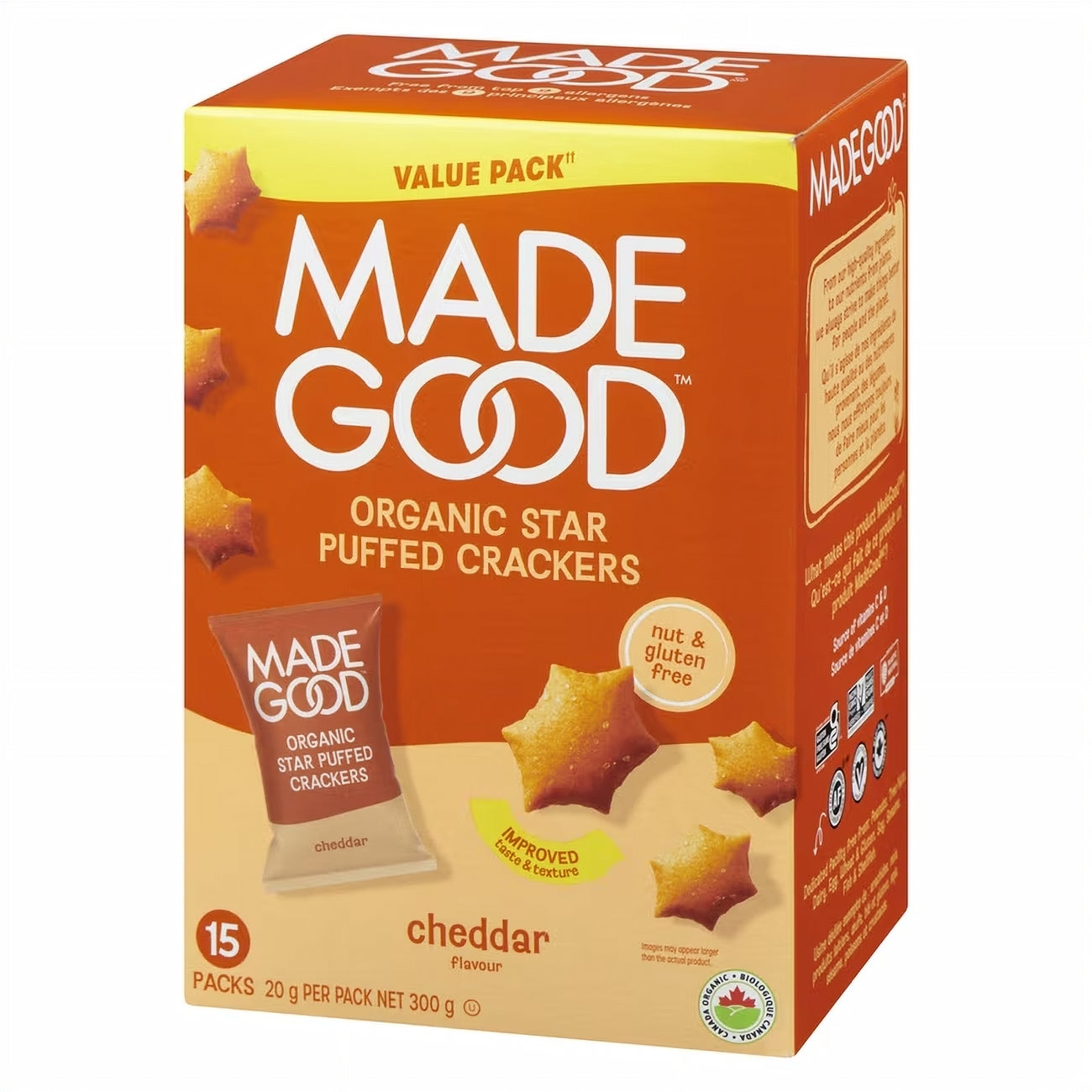Box of Made Good organic star puffed crackers on a white background