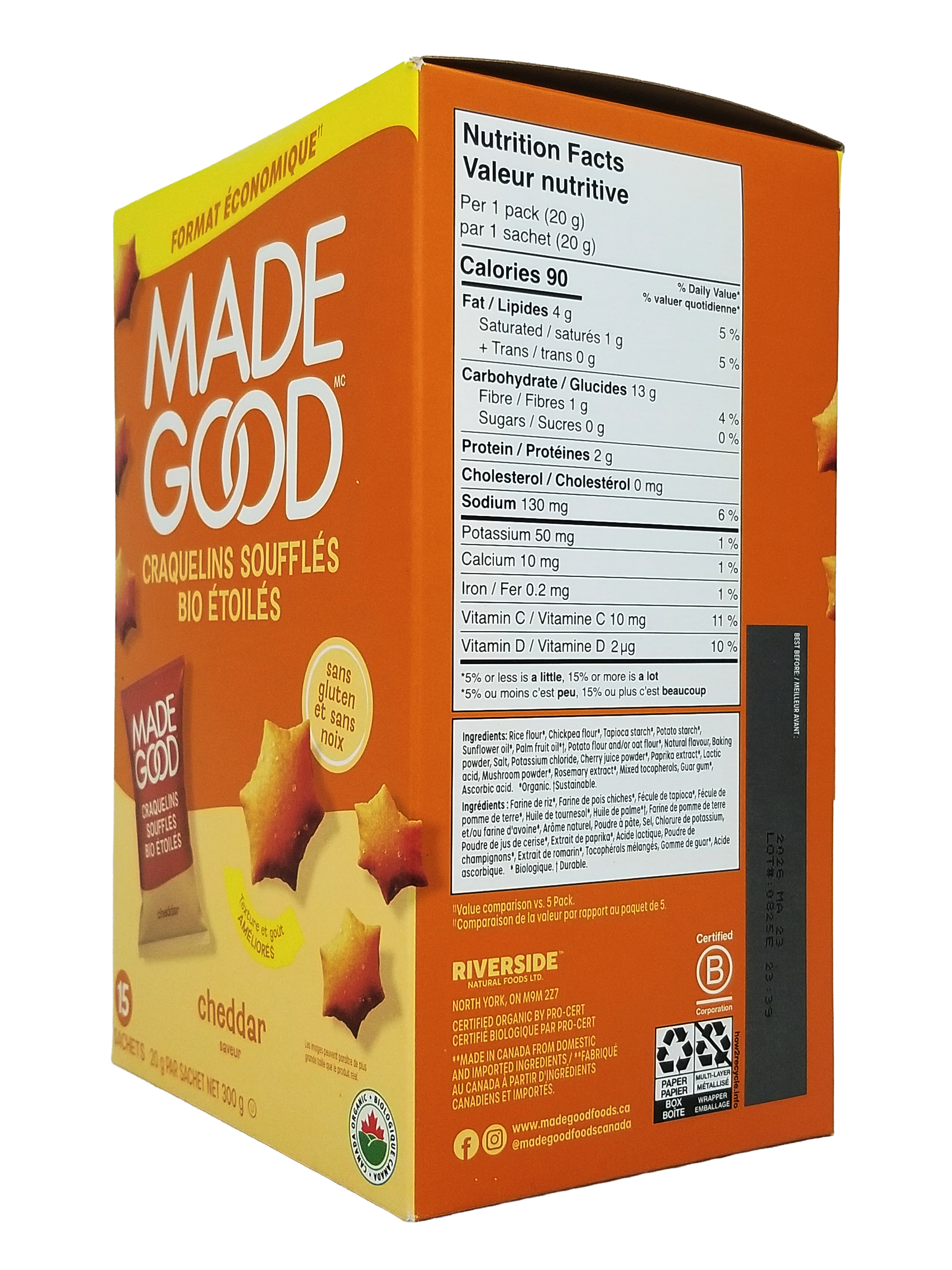 Box of Made Good Organic Star Puffed Crackers Cheddar Flavor, Value Pack 15 Snack Packs - 300g/10.5 oz with nutritional information on a white background