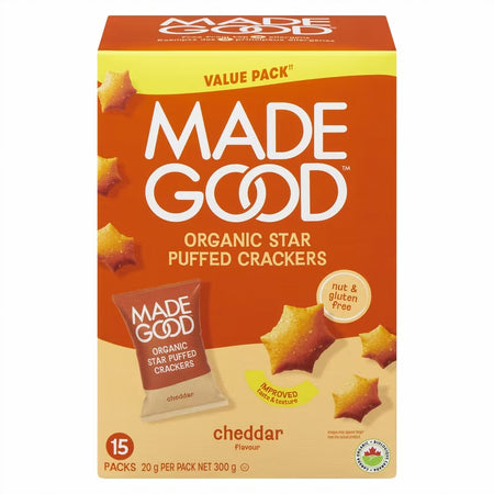 Box of Made Good organic star puffed crackers on a white background