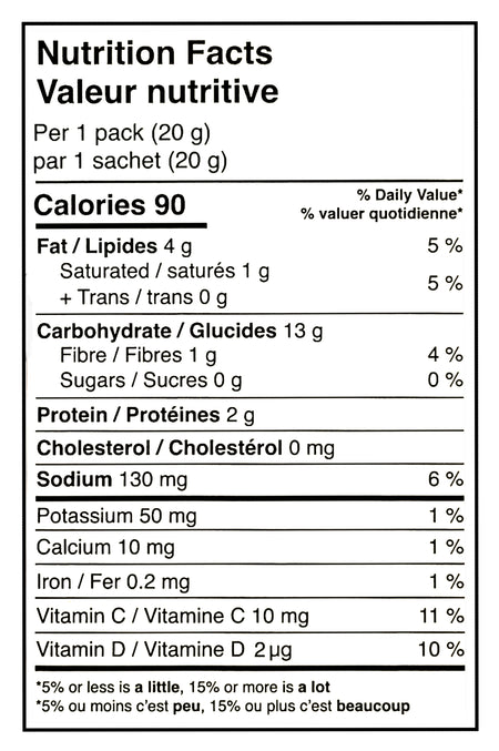 Nutrition facts label for Made Good Organic Star Puffed Crackers Cheddar Flavor, Value Pack 15 Snack Packs - 300g/10.5 oz, showing calories, macronutrients, and micronutrients per pack.