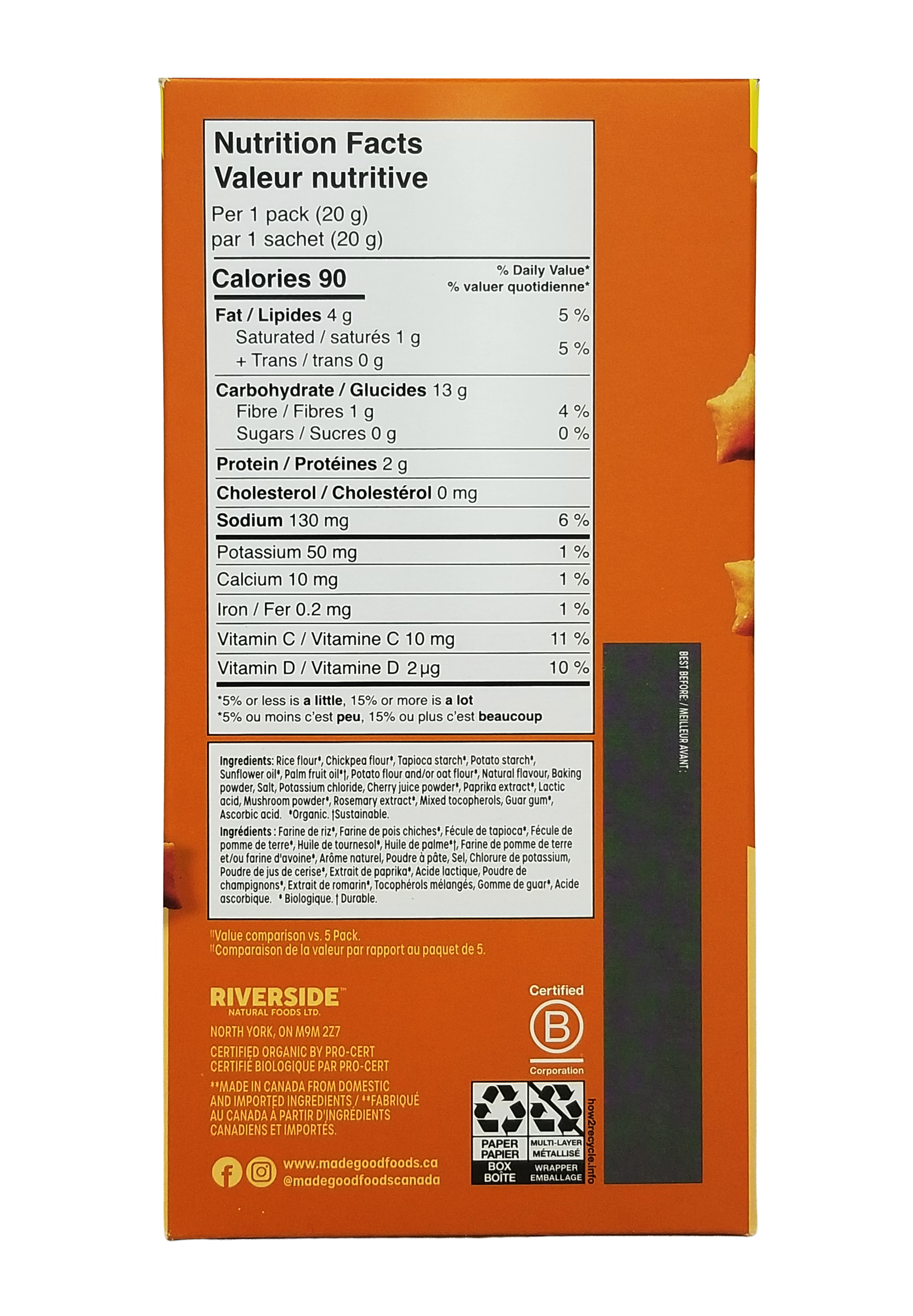 Nutrition facts label for Made Good Organic Star Puffed Crackers Cheddar Flavor, Value Pack 15 Snack Packs - 300g/10.5 oz with Riverside branding.