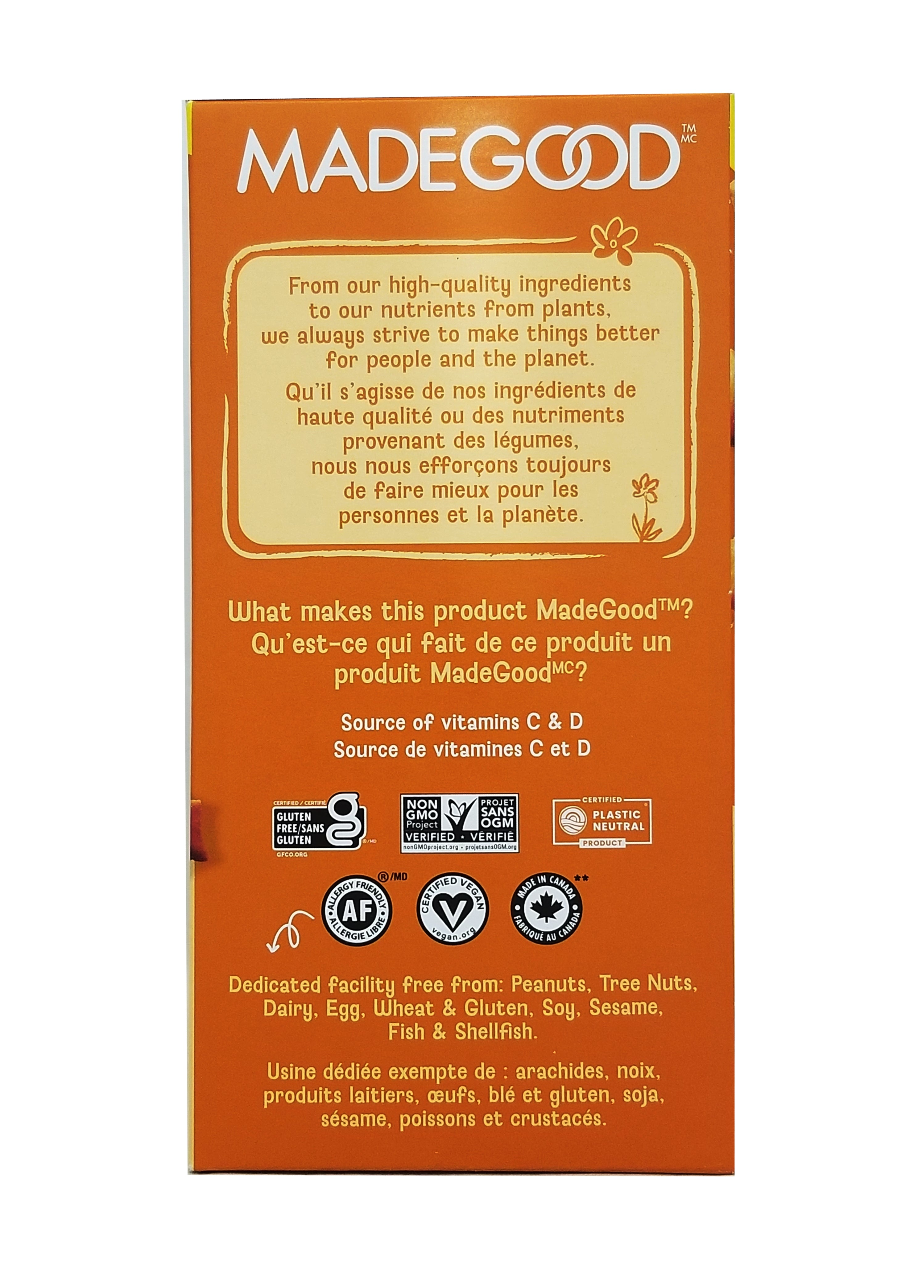 Back of Made Good Organic Star Puffed Crackers Cheddar Flavor, Value Pack 15 Snack Packs - 300g/10.5 oz packaging with branding and ingredient information.