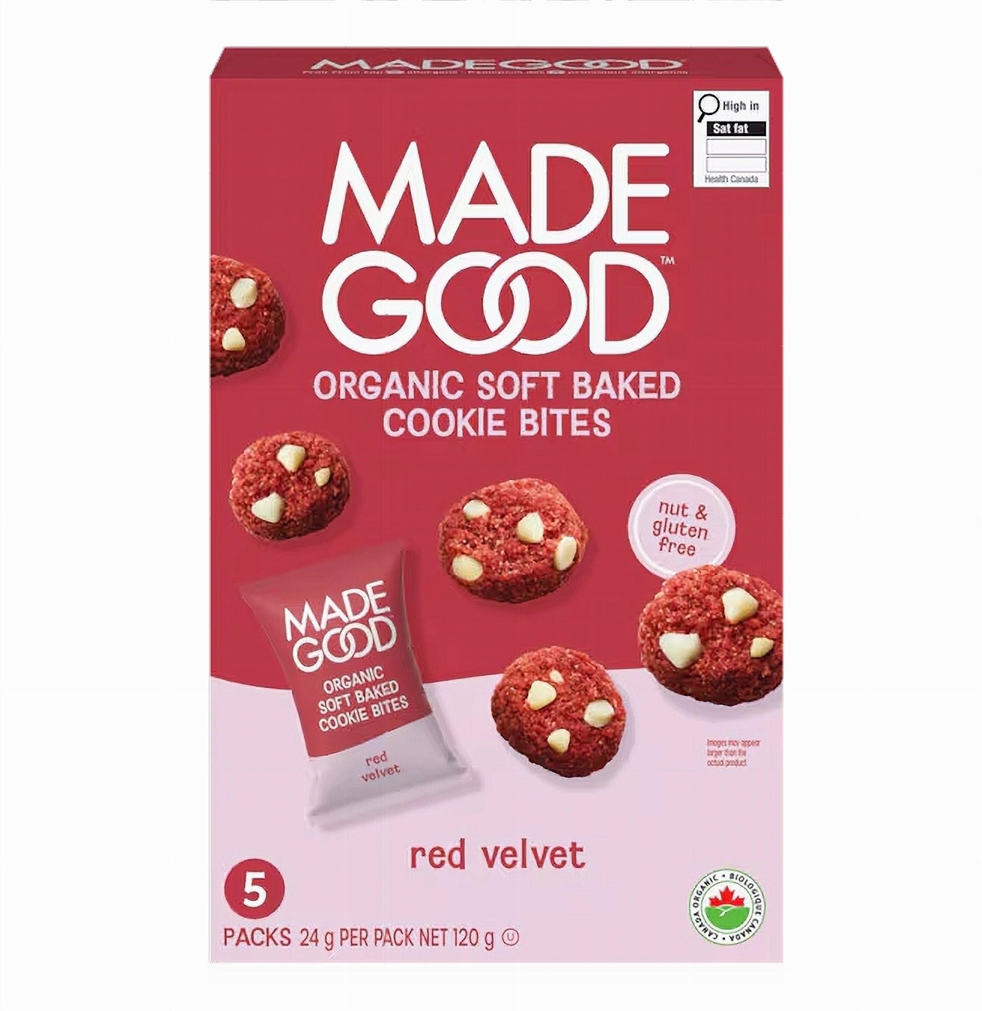 Made Good Organic Red Velvet Cookie Bites 5ct 120g front – vegan gluten free allergen-free soft baked snack
