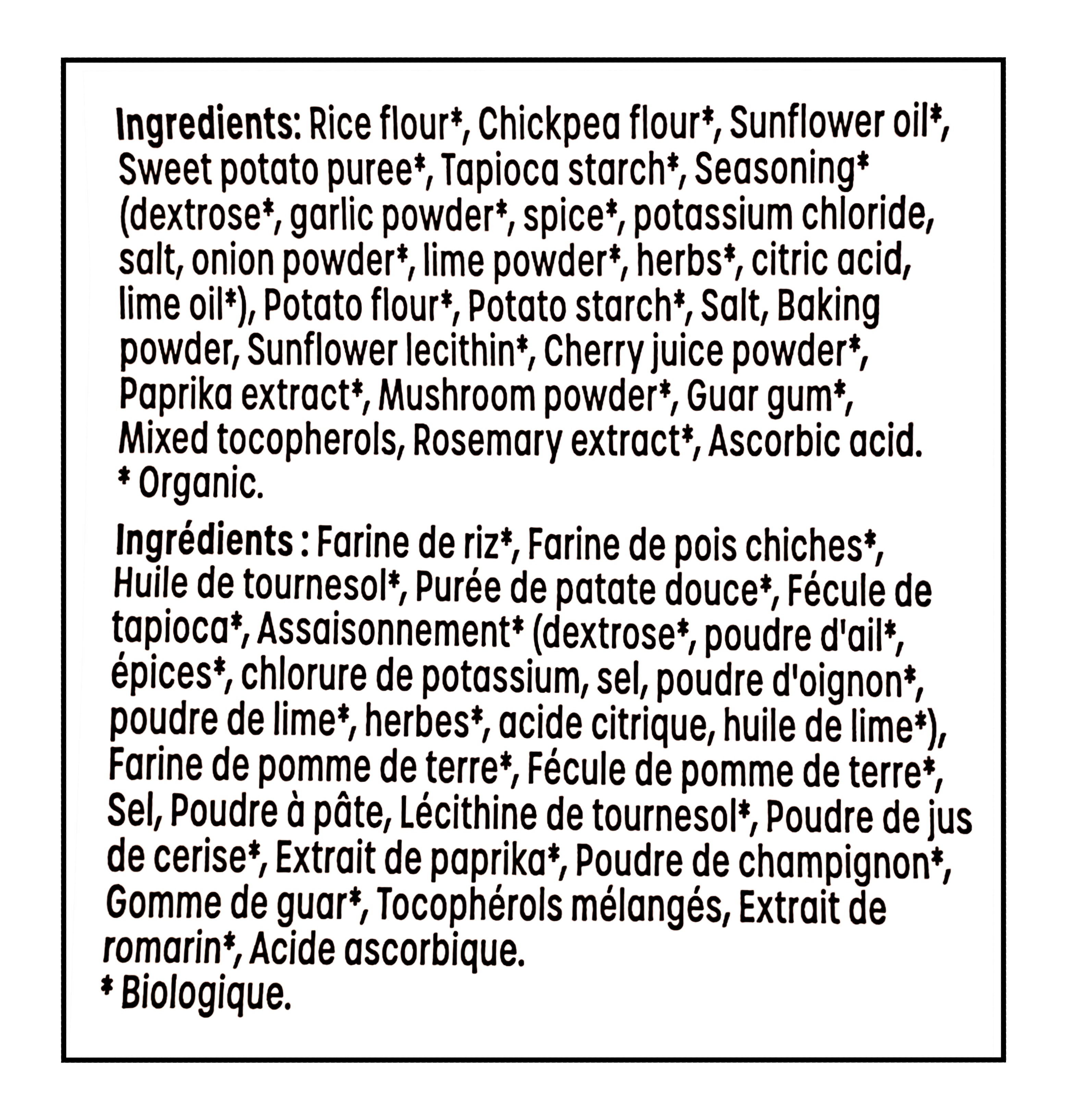 Ingredients list for Made Good Snackers, Organic Sweet Potato Crackers Chili Lime - 142g/5 oz on a black background