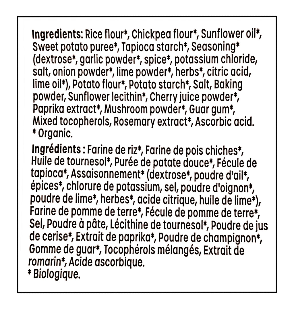 Ingredients list for Made Good Snackers, Organic Sweet Potato Crackers Chili Lime - 142g/5 oz on a black background