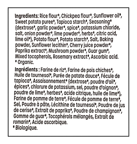Ingredients list for Made Good Snackers, Organic Sweet Potato Crackers Chili Lime - 142g/5 oz on a black background
