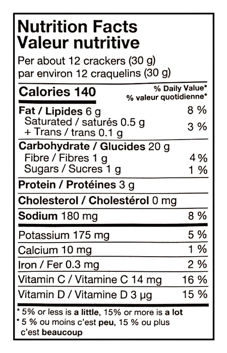 Nutrition facts label for Made Good Snackers, Organic Sweet Potato Crackers Chili Lime - 142g/5 oz with detailed calorie and nutrient information.