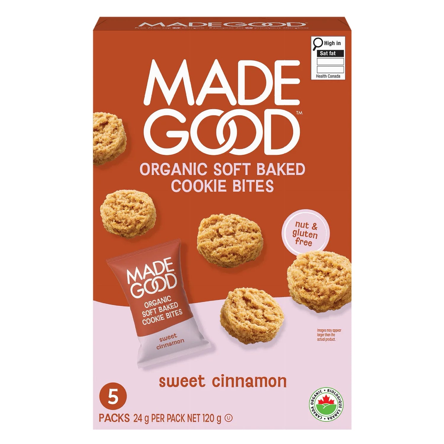 Box of Made Good organic sweet cinnamon soft baked cookie bites 120g on a white background