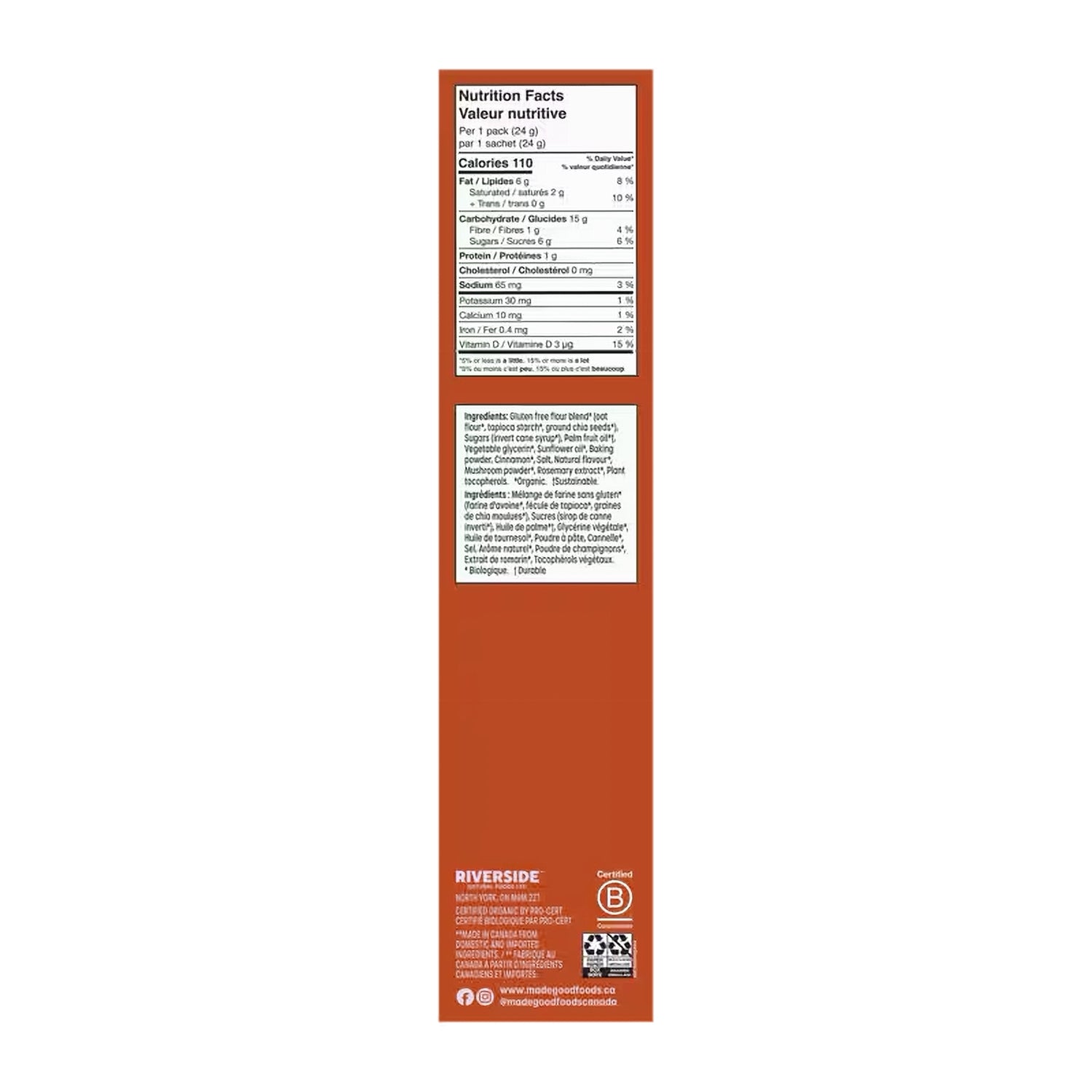 Side of a Made Good Organic Sweet Cinnamon Soft Baked Cookie Bites 120g package showing Nutrition facts label on a white background