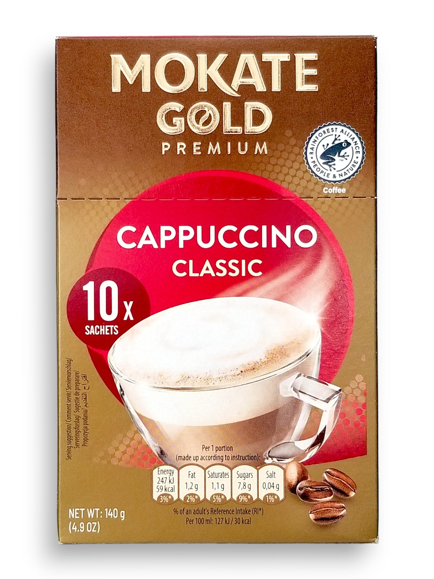 Mokate Gold Premium Cappuccino, Classic, 10 x 14g Single Serve Sachets, 140g/4.9 oz., front of box.