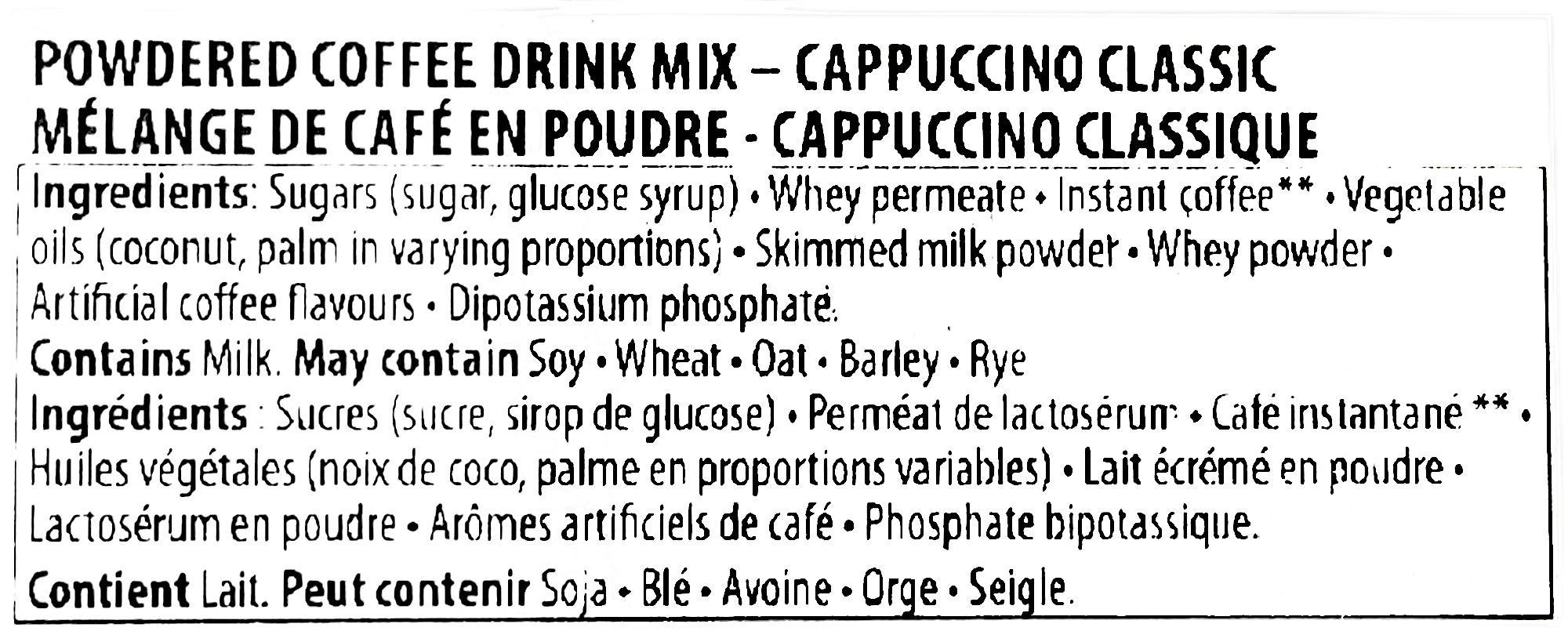 Mokate Gold Premium Cappuccino, Classic, 10 x 14g Single Serve Sachets, 140g/4.9 oz., ingredients label.