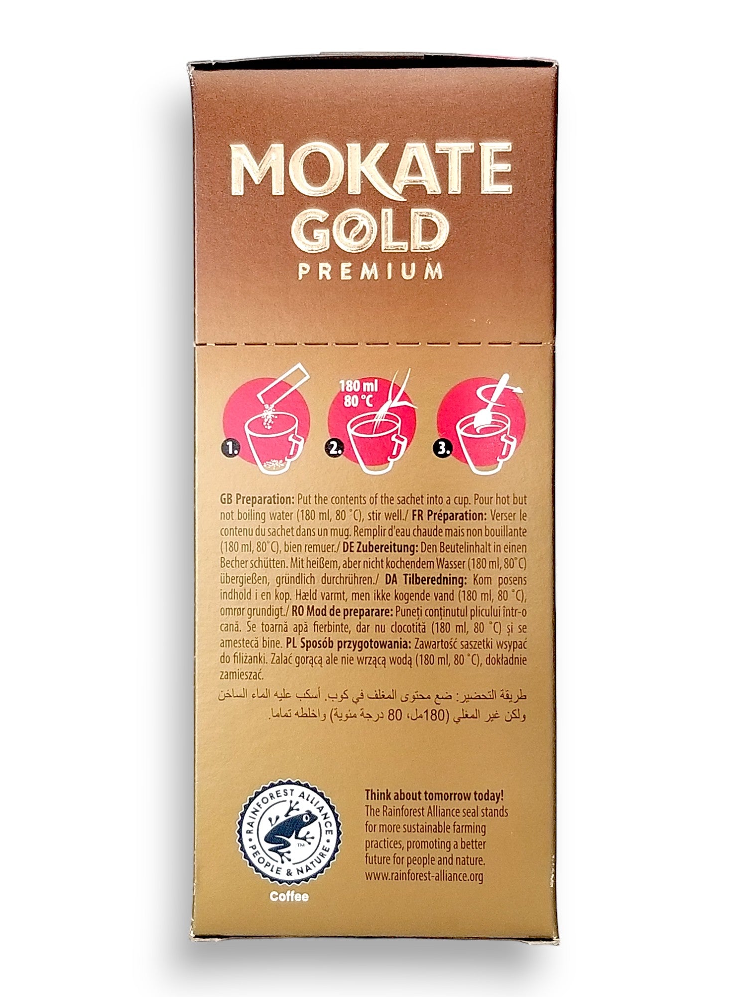 Mokate Gold Premium Cappuccino, Classic, 10 x 14g Single Serve Sachets, 140g/4.9 oz., side of box.