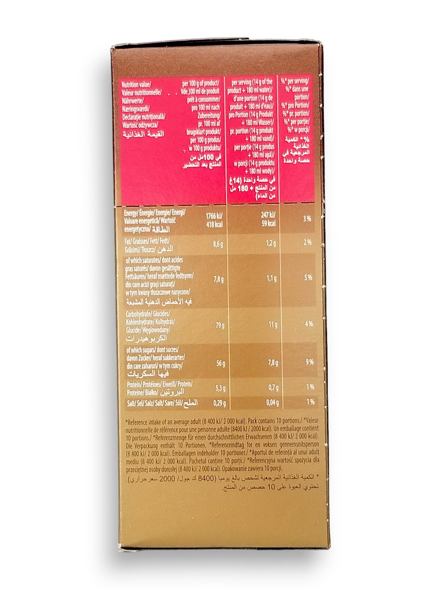 Mokate Gold Premium Cappuccino, Classic, 10 x 14g Single Serve Sachets, 140g/4.9 oz., side of box.