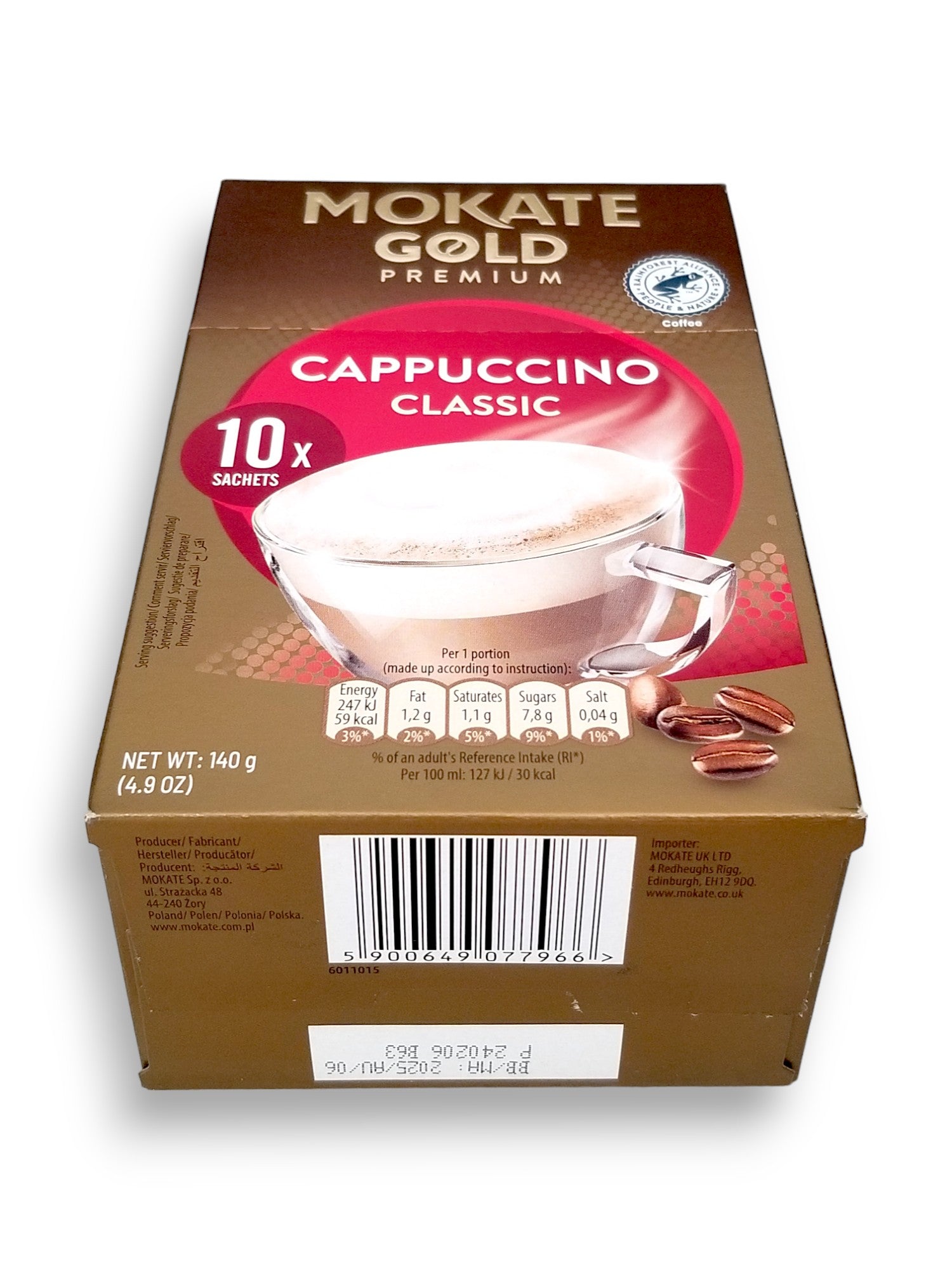 Mokate Gold Premium Cappuccino, Classic, 10 x 14g Single Serve Sachets, 140g/4.9 oz., bottom of box with upc.