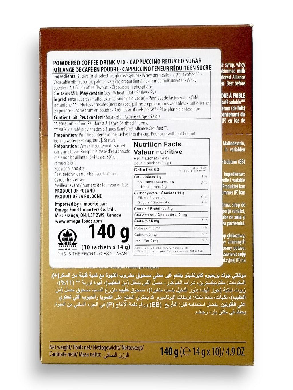 Mokate Gold Premium Cappuccino Unsweetened, 10 x 14g Single Serve Sachets, 140g/4.9 oz., back of box.