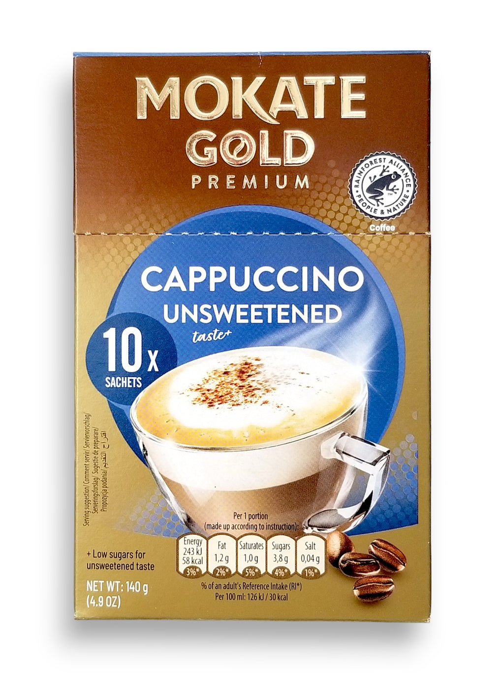 Mokate Gold Premium Cappuccino Unsweetened, 10 x 14g Single Serve Sachets, 140g/4.9 oz., front of box.