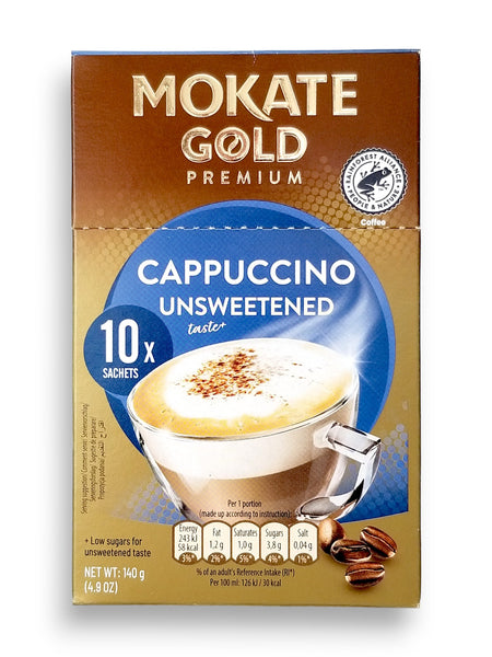 Mokate Gold Premium Cappuccino Unsweetened, 10 x 14g Single Serve Sachets, 140g/4.9 oz., front of box.